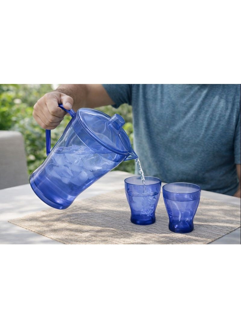 Sun Group Acrylic Juice Pitcher Set (3 Pieces) - Unbreakable Serving Jug with 2 Tumblers - Wavy "Damaa" Design - Translucent Blue - Image 2